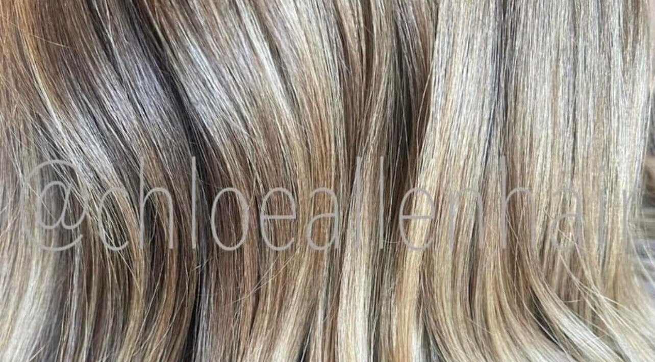 Close-up of blonde highlights at Chloe Allen Hair, Andover, England, GB.