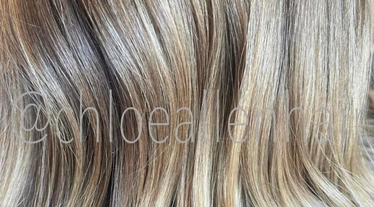 Close-up of blonde highlights at Chloe Allen Hair, Andover, England, GB.