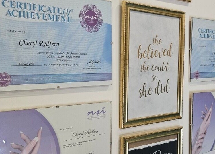 Certificates displayed at Perfect Touch Nail Bar, New Mills, England, GB showcasing achievements in nail artistry.