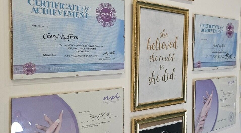 Certificates displayed at Perfect Touch Nail Bar, New Mills, England, GB showcasing achievements in nail artistry.