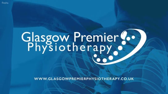 Larkhall Premier Physiotherapy logo and website on a blue background in Larkhall, Scotland, GB.