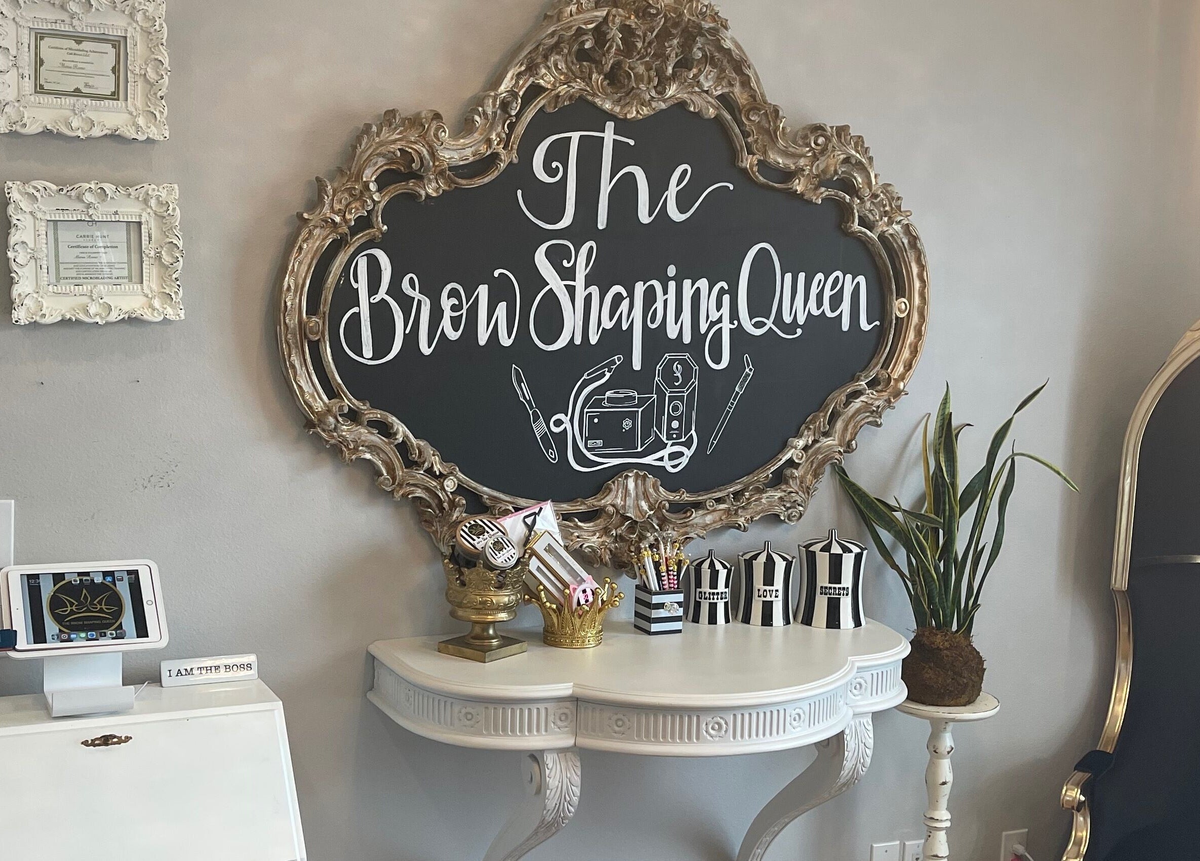 Chic vanity at The Brow Shaping Queen in Frisco, Texas, US with ornate decor and stylish accents.
