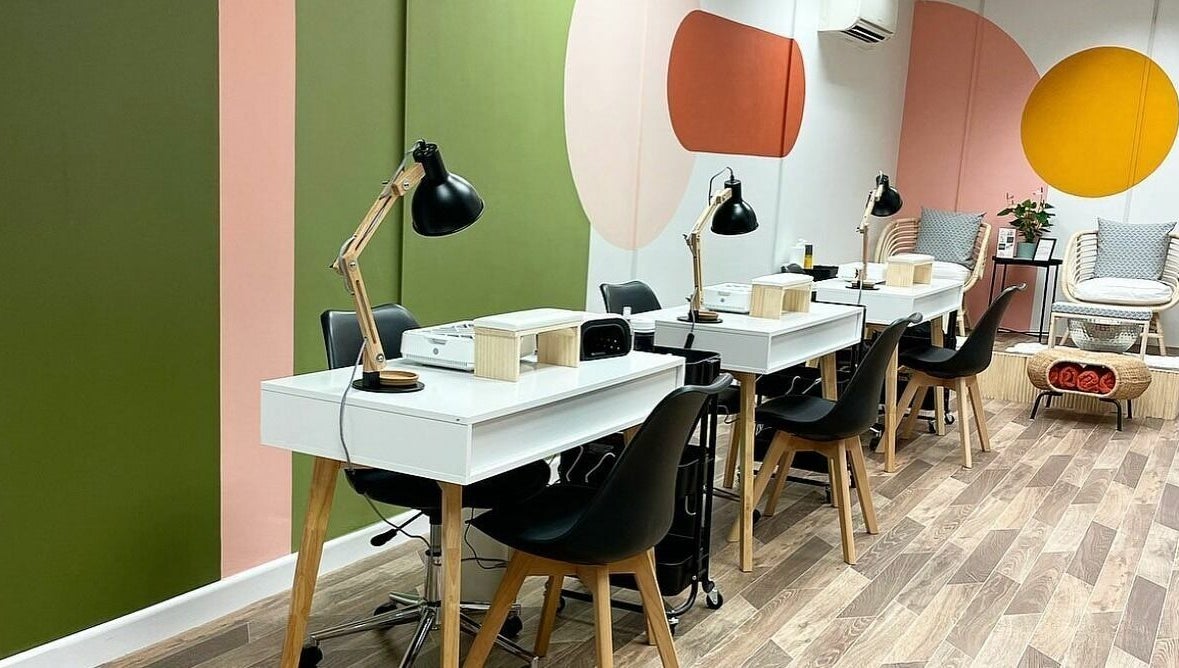 Modern nail studio interior at That Nail Studio, Handforth, England, GB, featuring stylish desks and decor.