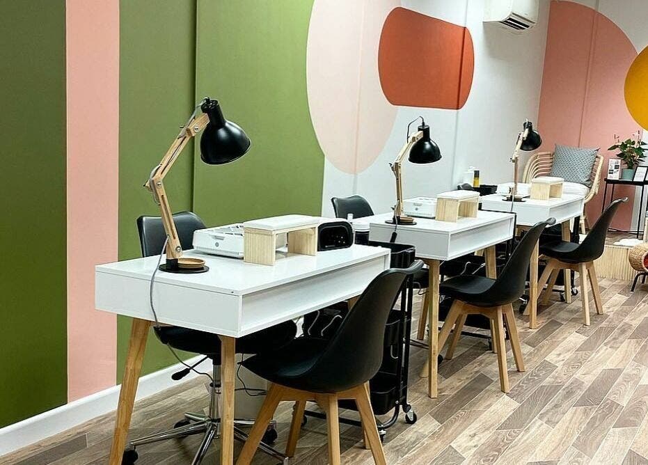 Modern nail studio interior at That Nail Studio, Handforth, England, GB, featuring stylish desks and decor.