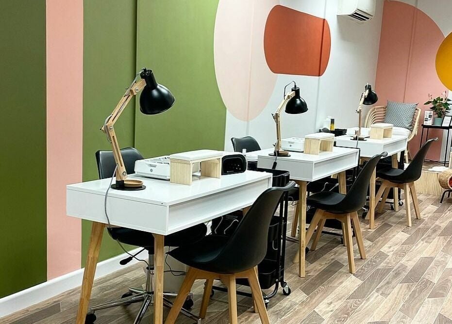 Modern nail studio interior at That Nail Studio, Handforth, England, GB, featuring stylish desks and decor.