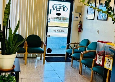 Welcoming entrance of Arelis Beauty Salon in Orlando, Florida with stylish green chairs and plants.