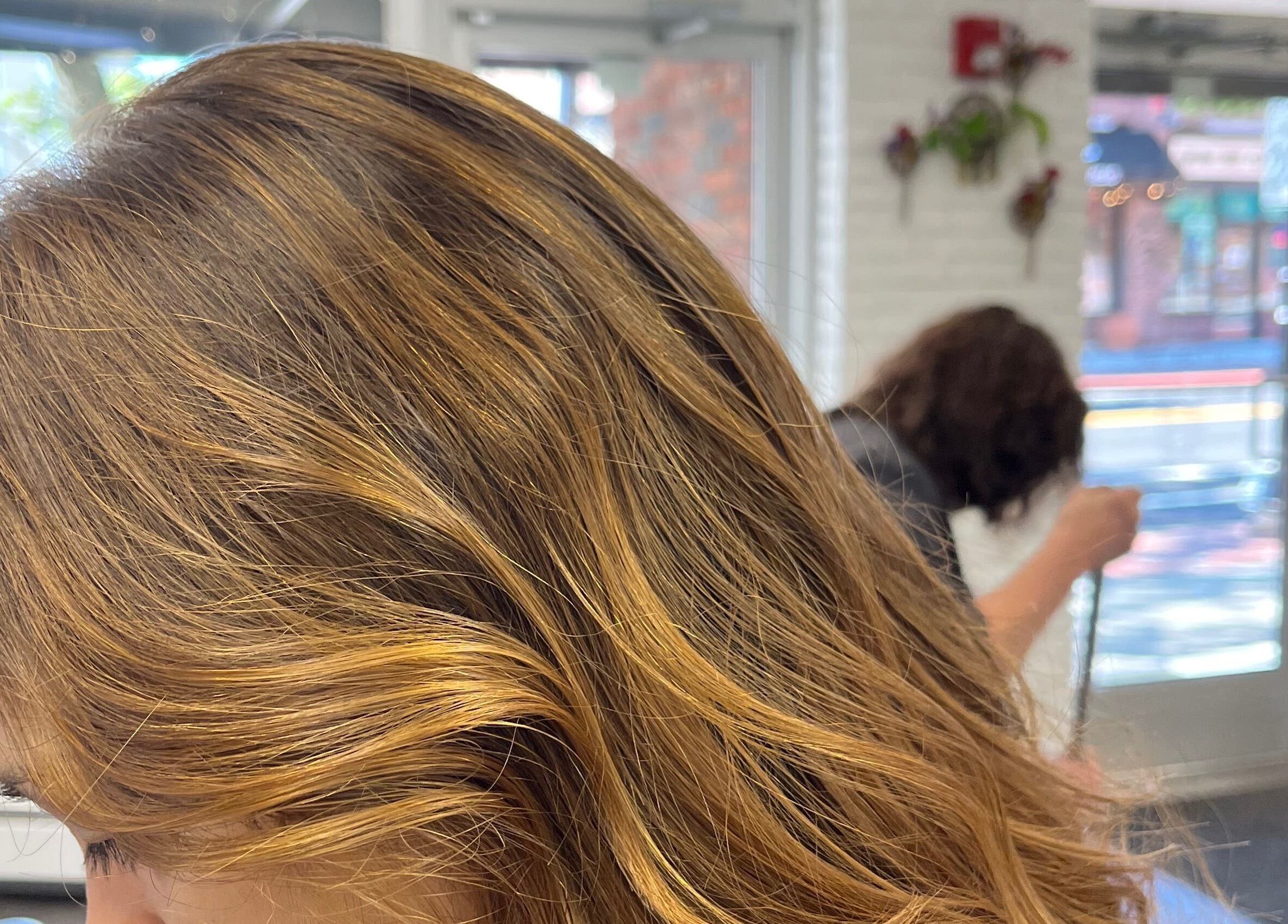 Close-up of vibrant hair color transformation at Salon Femia, Somerville, Massachusetts, US.