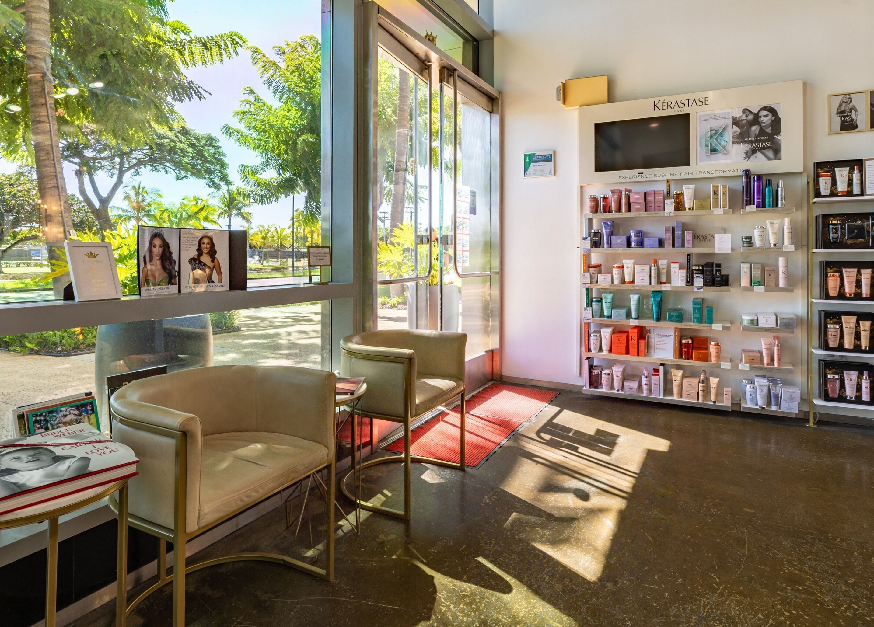 Bright and inviting interior of Salon Blanc the celebrities salon in Honolulu, Hawaii, US showcasing luxury products.
