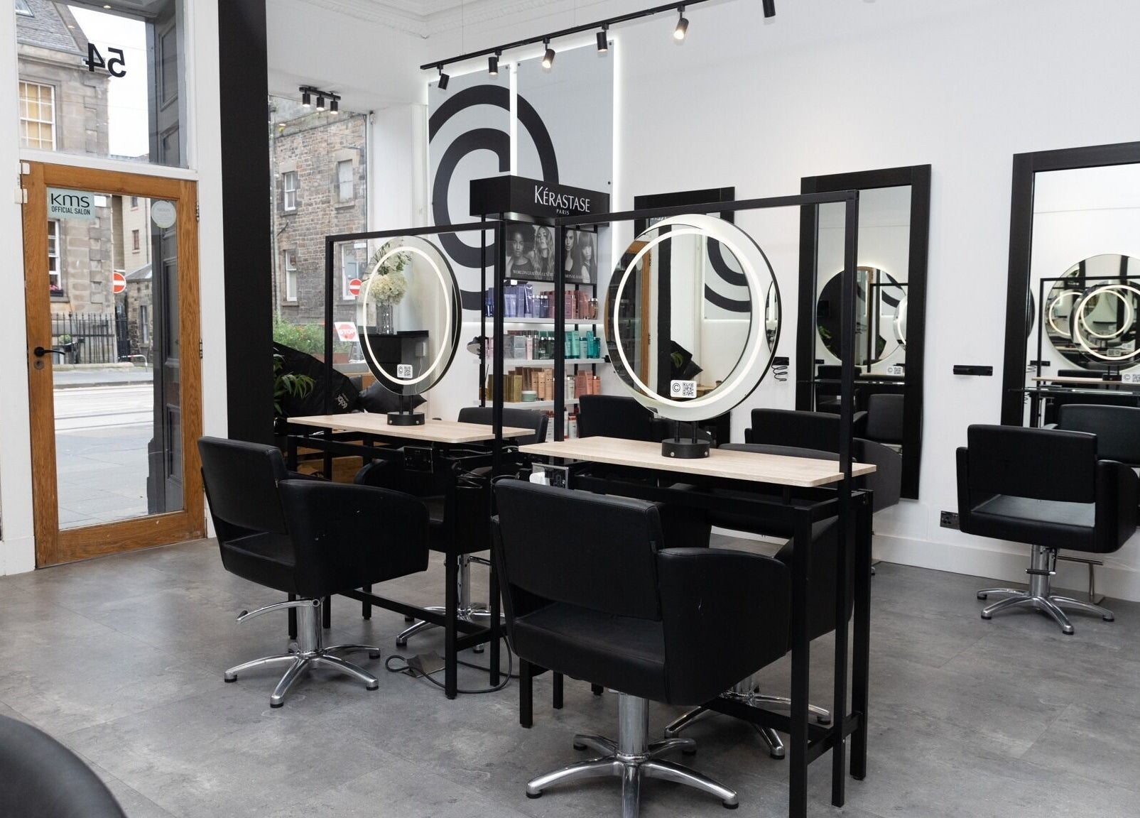 Modern styling stations at Cascal Hair Studio in Edinburgh, Scotland, GB showcasing sleek, contemporary design.