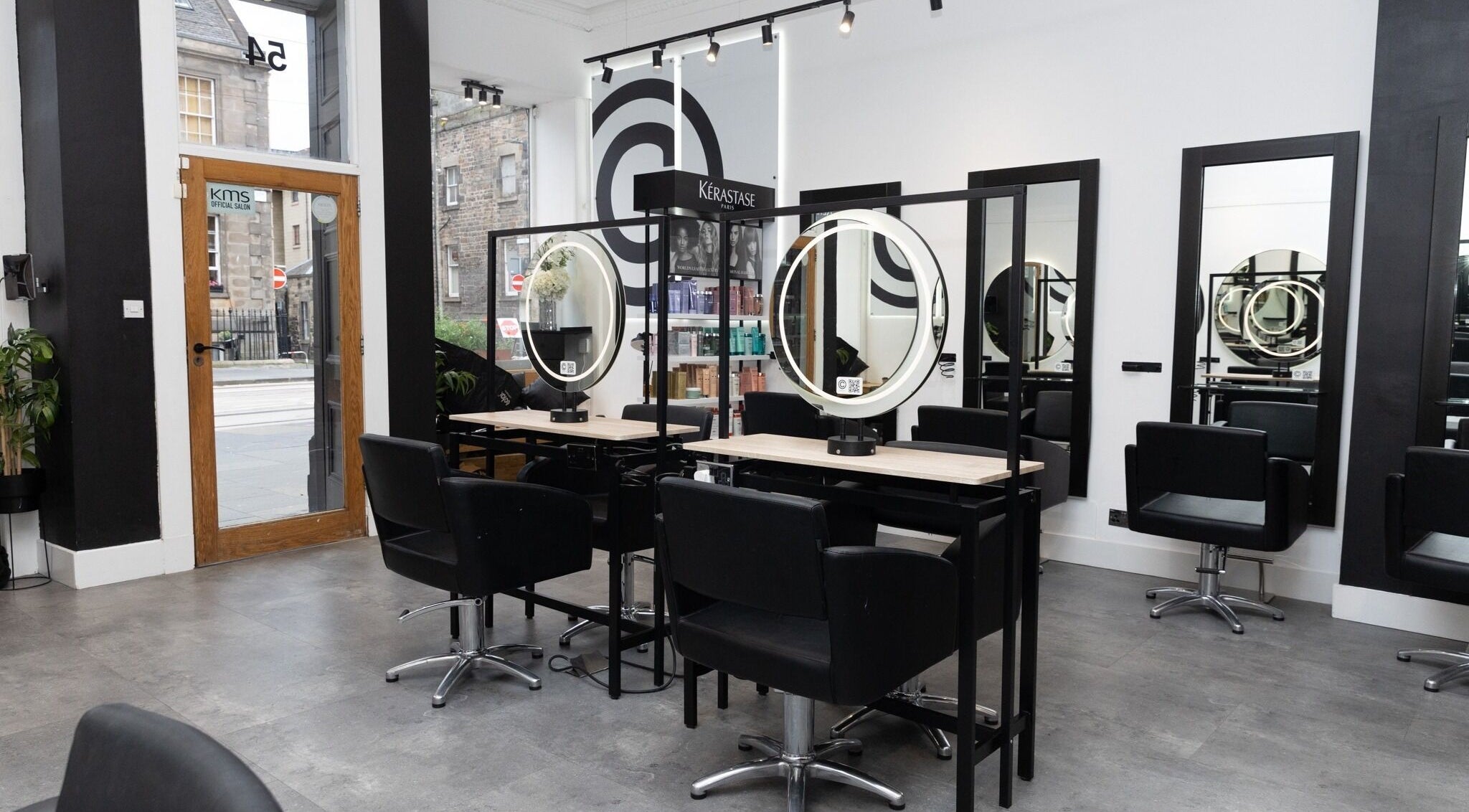 Modern styling stations at Cascal Hair Studio in Edinburgh, Scotland, GB showcasing sleek, contemporary design.