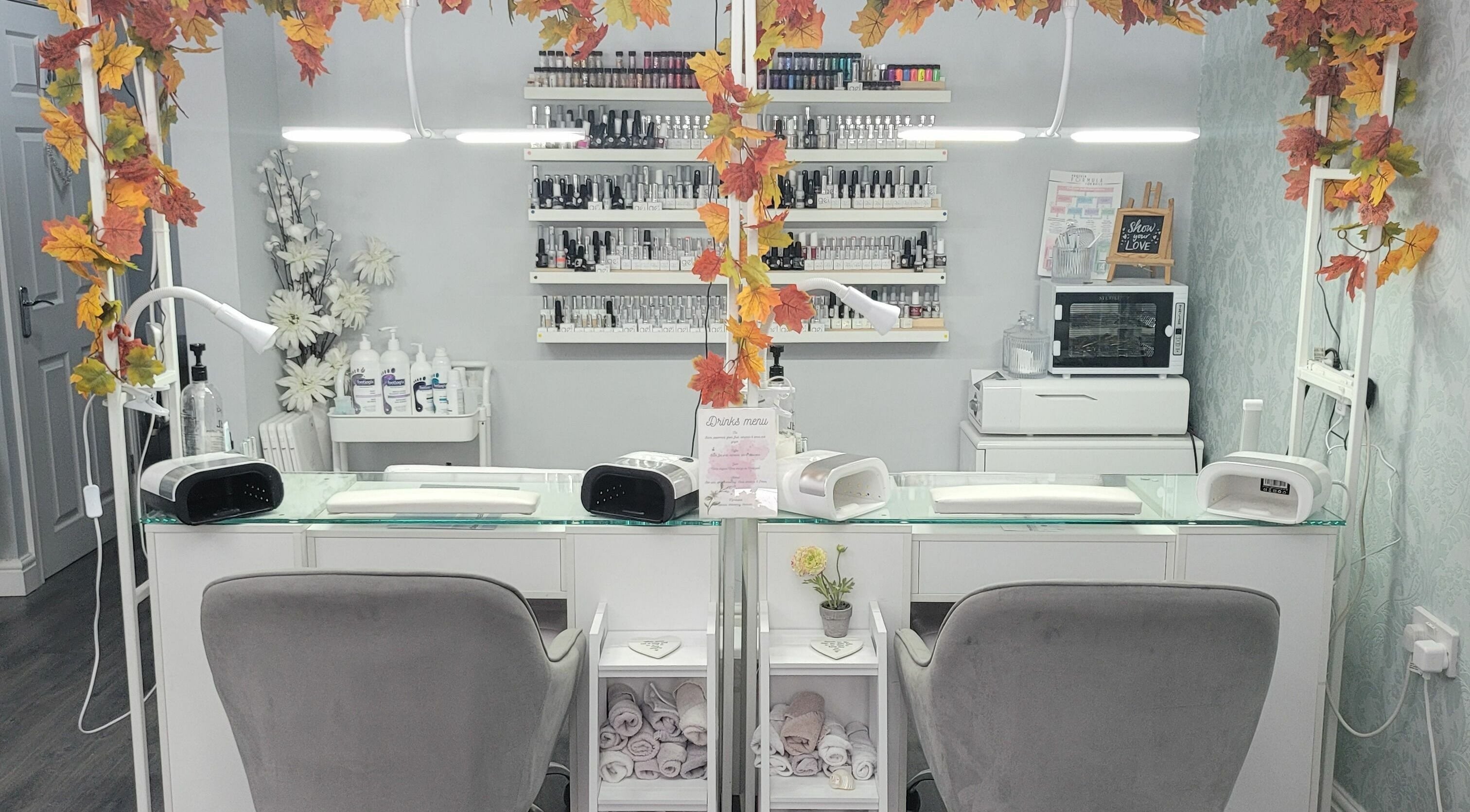 Modern nail station with autumn decor at The Beauty Boutique Barton, Barton-under-needwood, England, GB.
