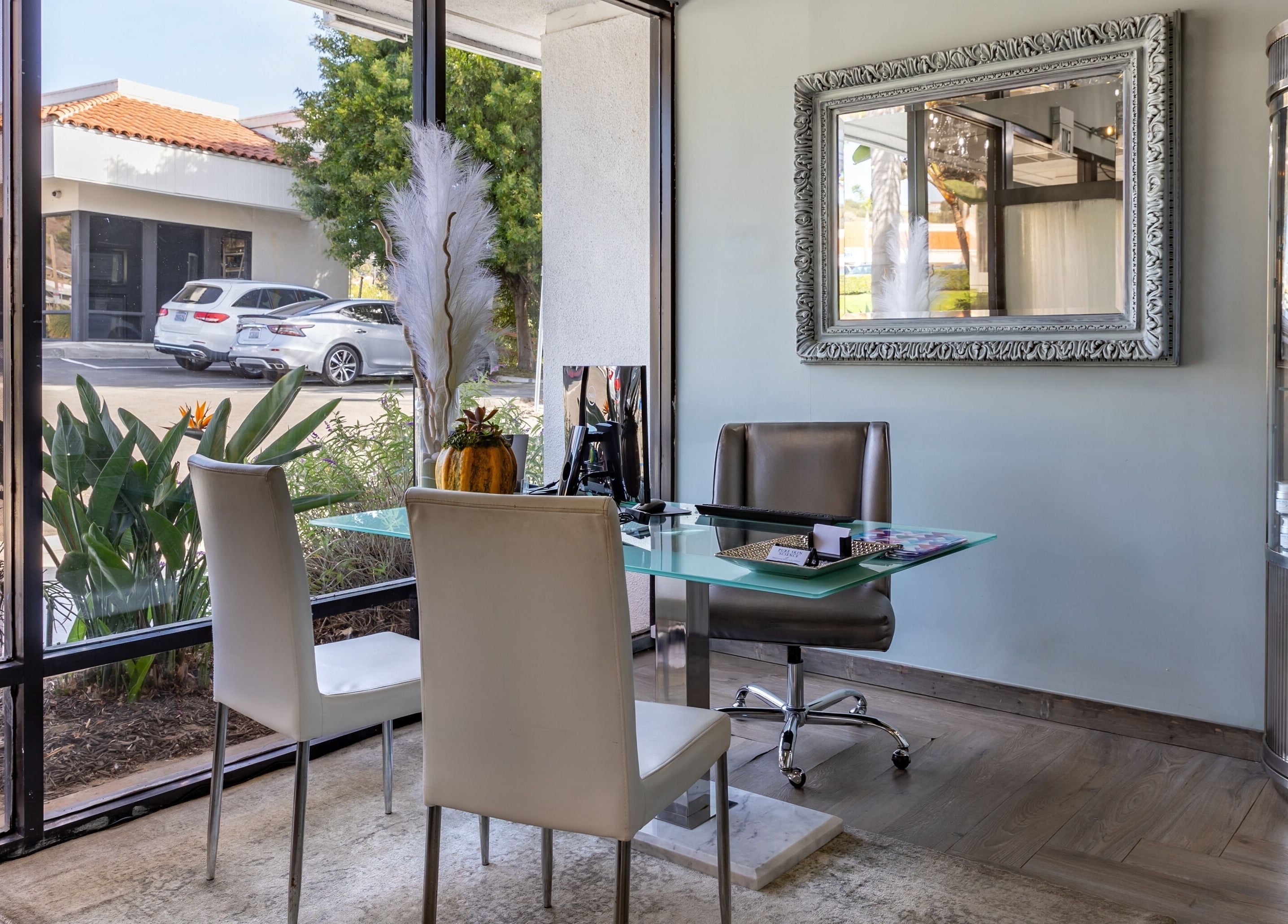 Bright waiting area of Pure Skin Science Organic Lab and Spa in San Clemente, California, US with stylish decor.