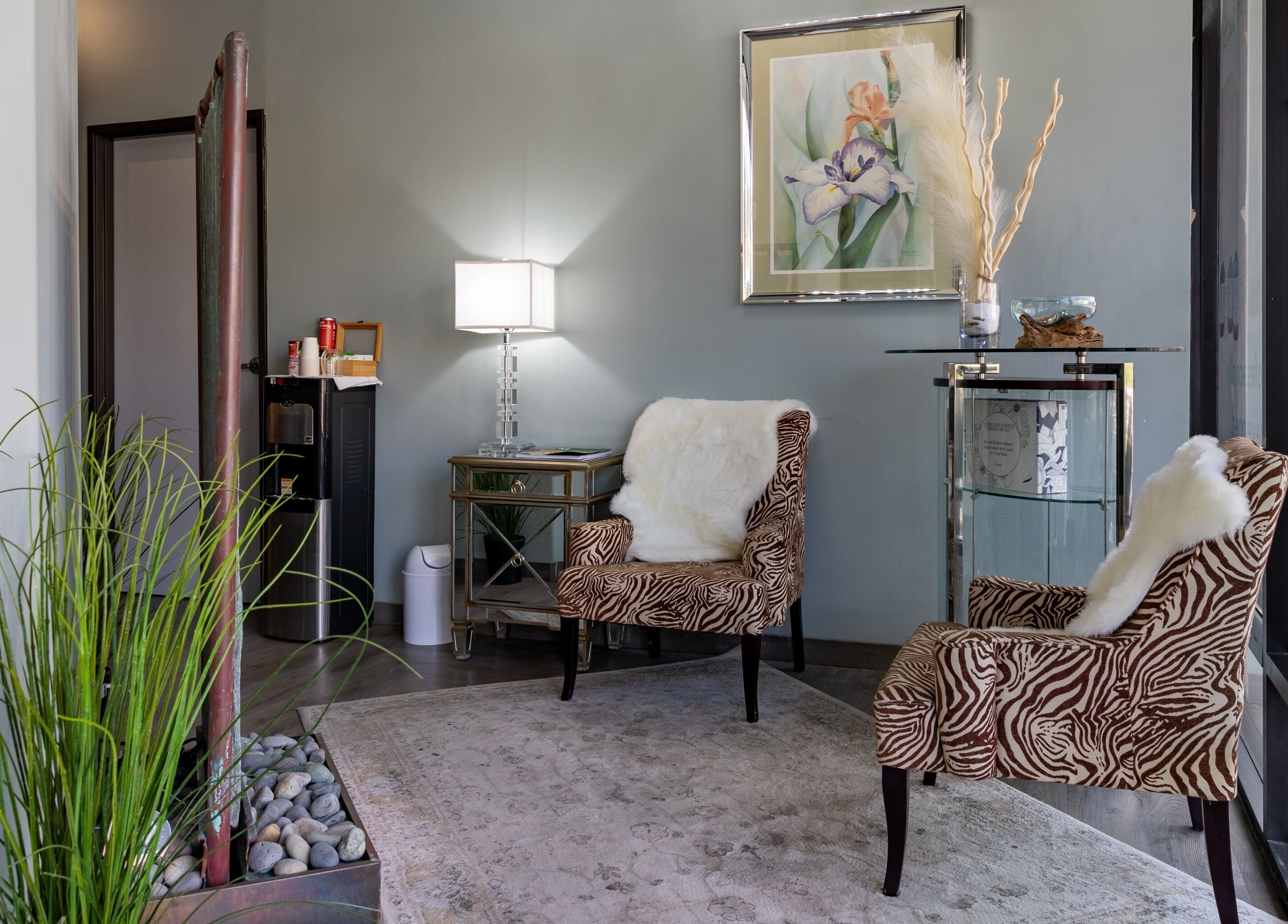 Elegant lounge area at Pure Skin Science Organic Lab and Spa in San Clemente, California, US.