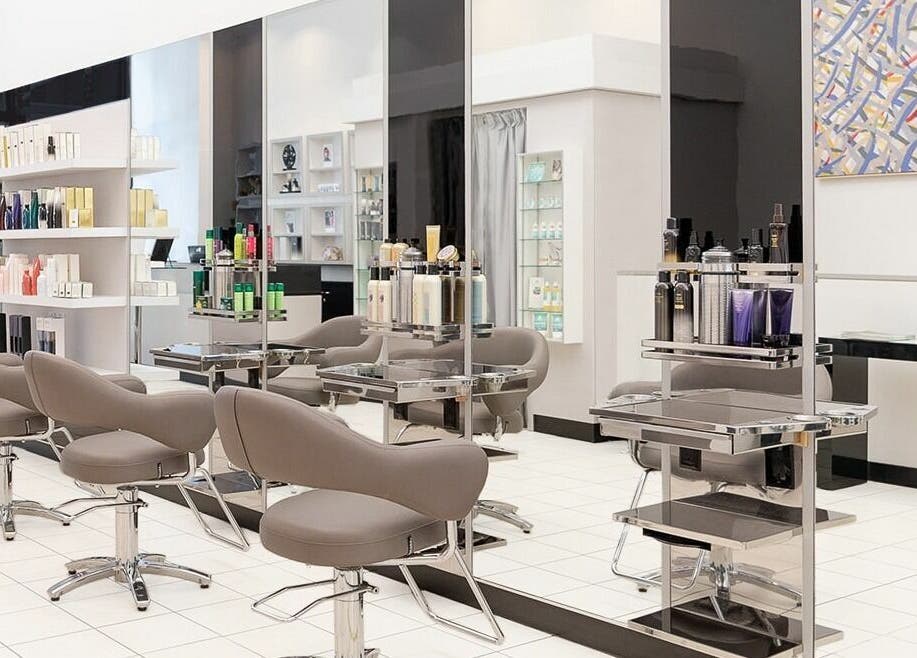 Modern salon chairs and styling stations at Angela Chong-Montague (J. Roland Salon) in San Francisco, California, US.