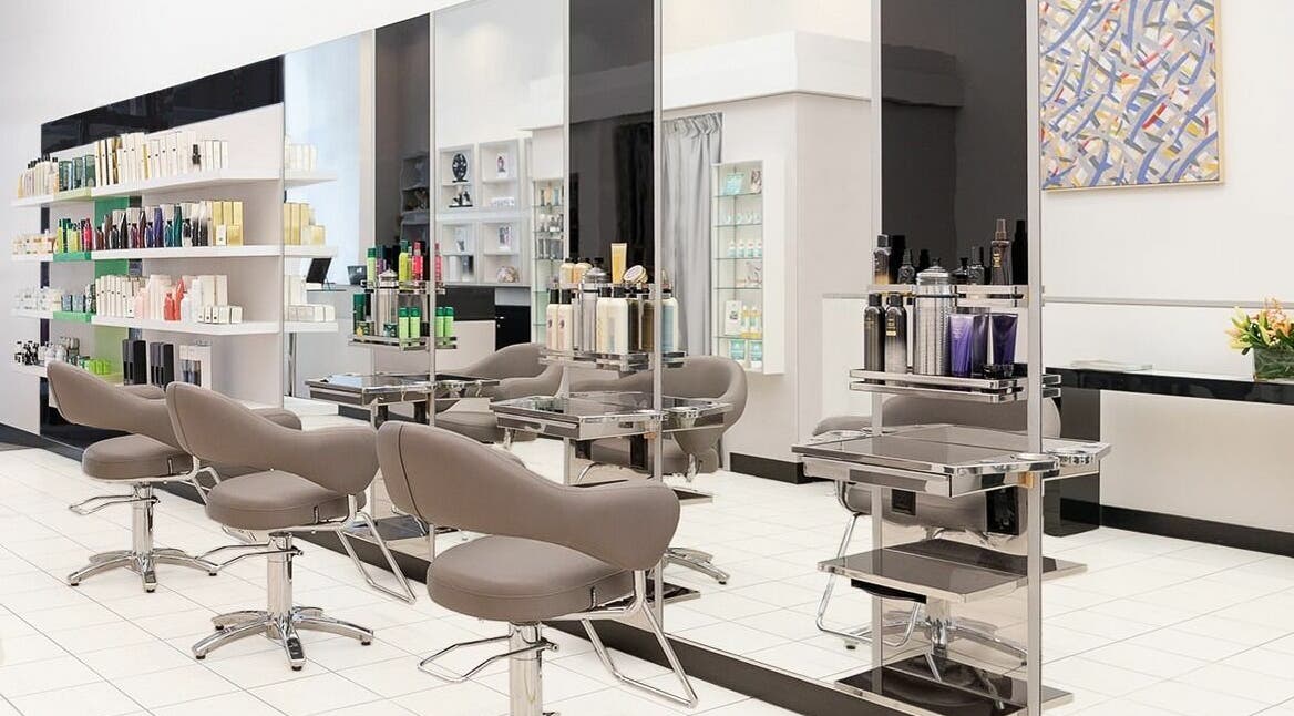 Modern salon chairs and styling stations at Angela Chong-Montague (J. Roland Salon) in San Francisco, California, US.