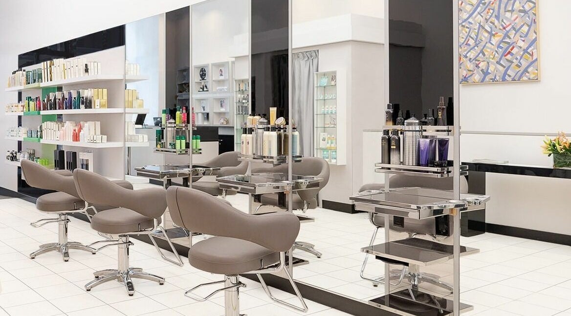 Modern salon chairs and styling stations at Angela Chong-Montague (J. Roland Salon) in San Francisco, California, US.