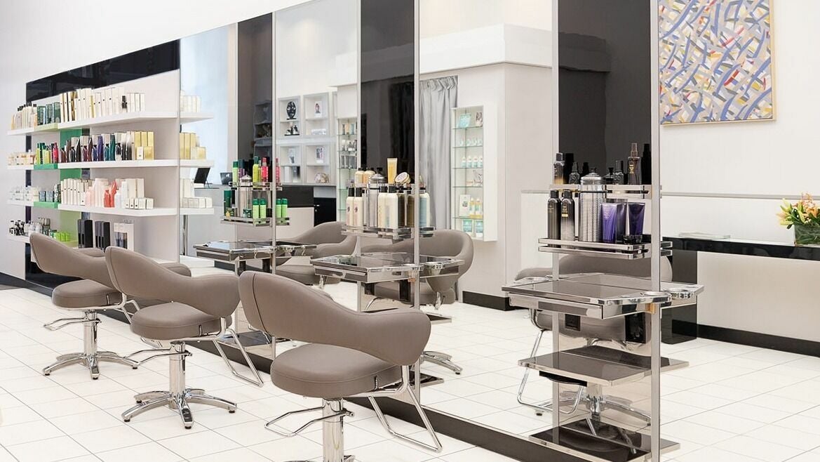Modern salon chairs and styling stations at Angela Chong-Montague (J. Roland Salon) in San Francisco, California, US.