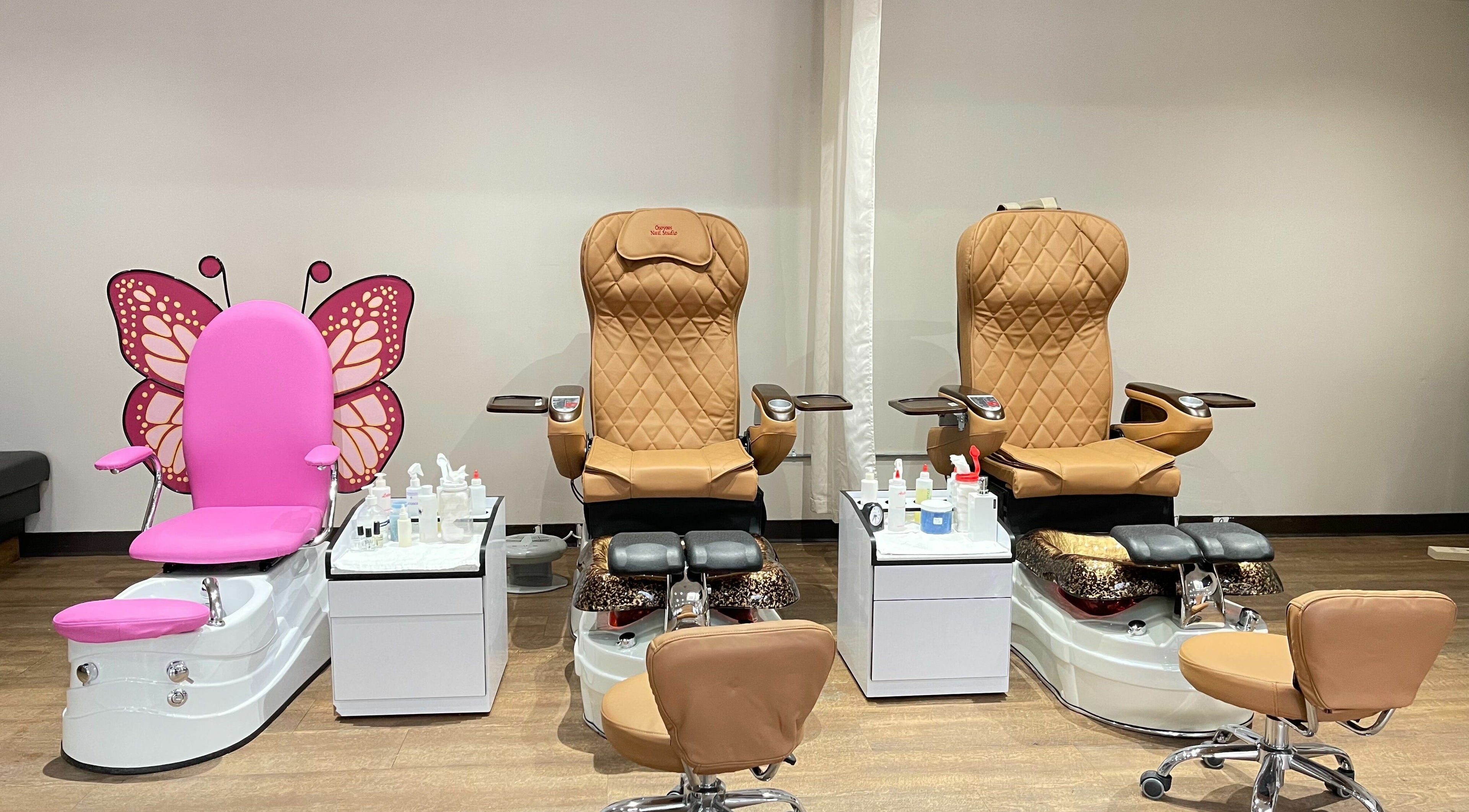 Stylish pink and tan pedicure chairs at Osoyoos Nail Studio, Osoyoos, British Columbia, CA.
