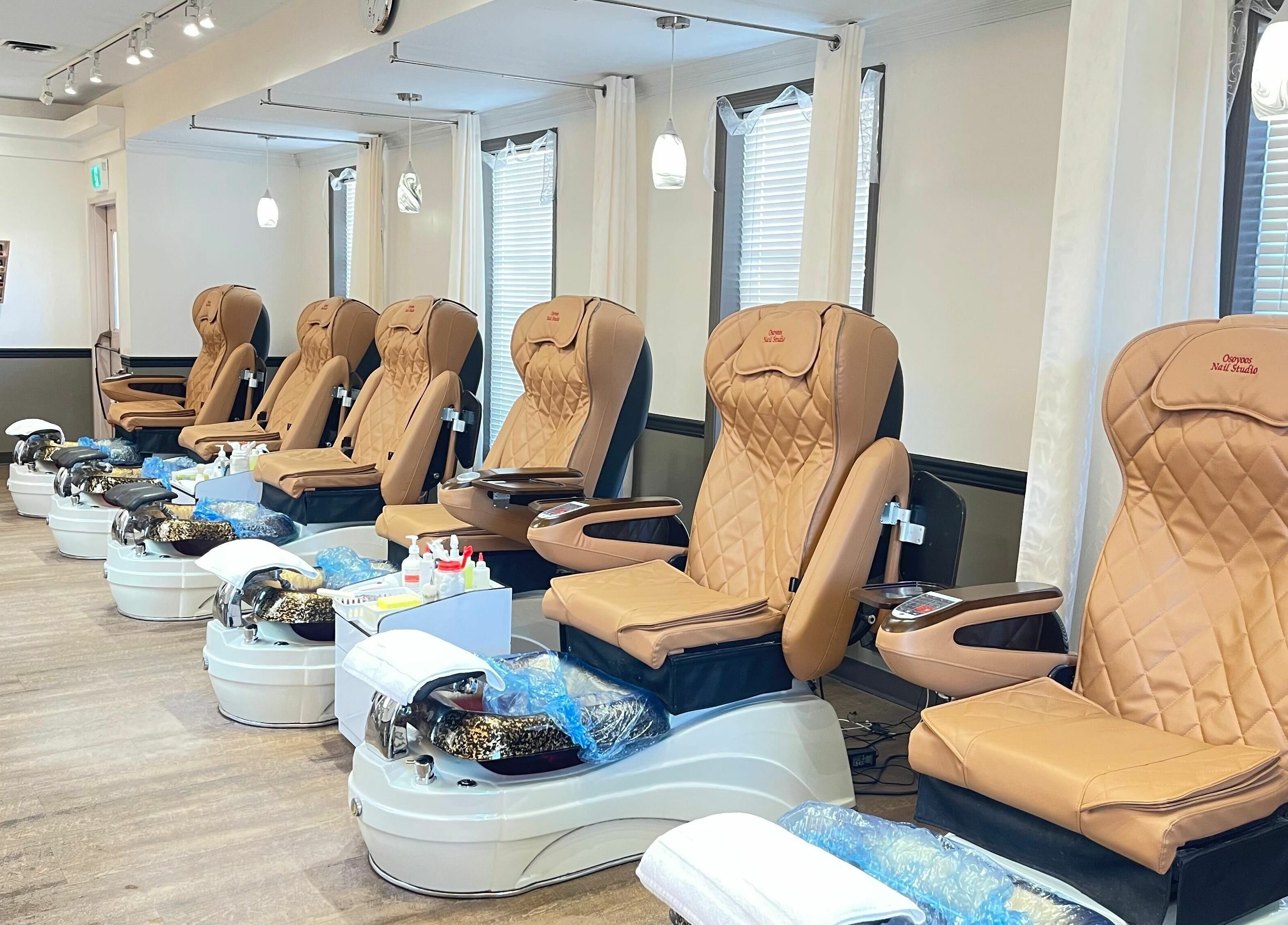 Luxurious pedicure chairs at Osoyoos Nail Studio, Osoyoos, British Columbia, CA, ready for client relaxation.
