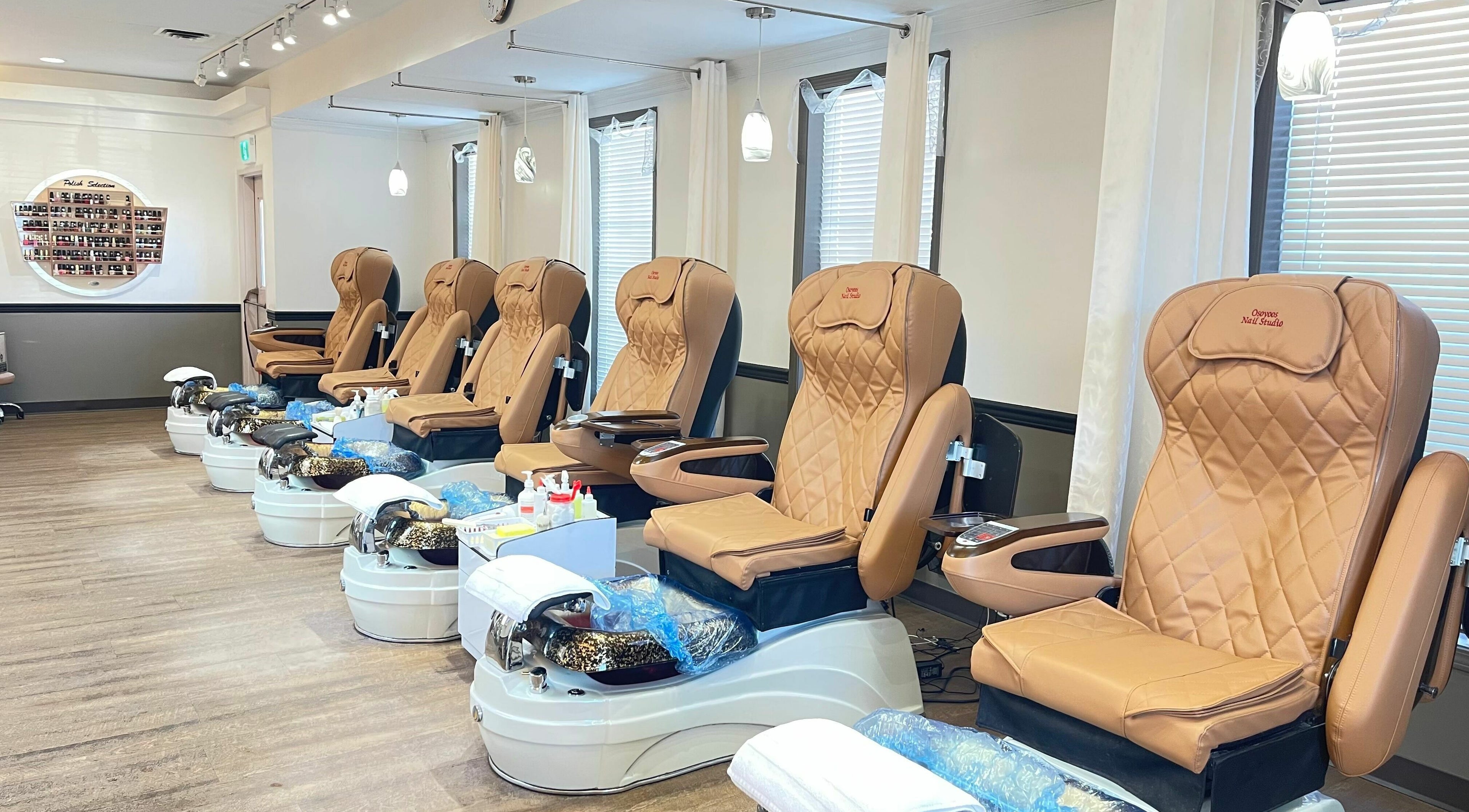 Luxurious pedicure chairs at Osoyoos Nail Studio, Osoyoos, British Columbia, CA, ready for client relaxation.