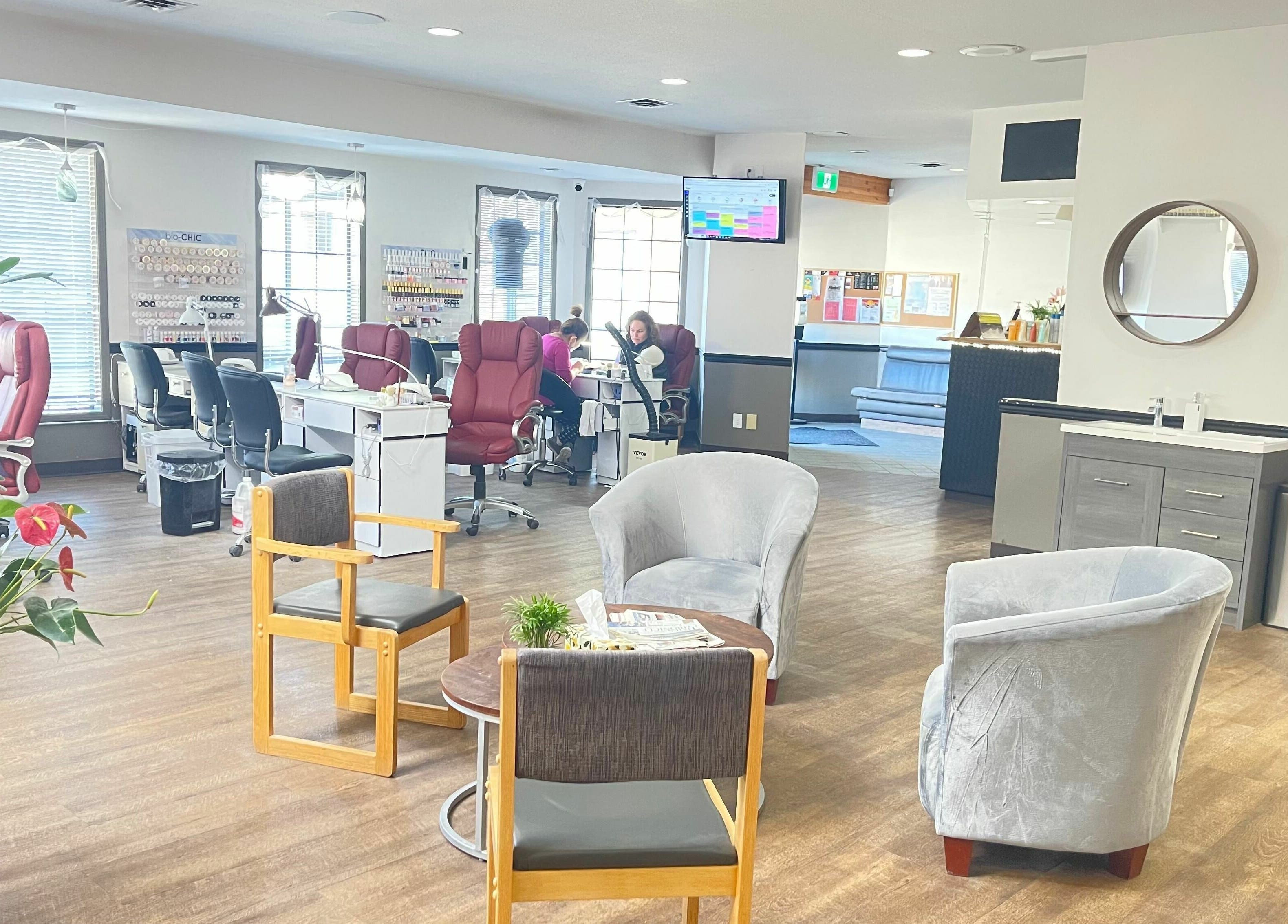 Interior of Osoyoos Nail Studio with plush chairs and modern decor in Osoyoos, British Columbia, CA.