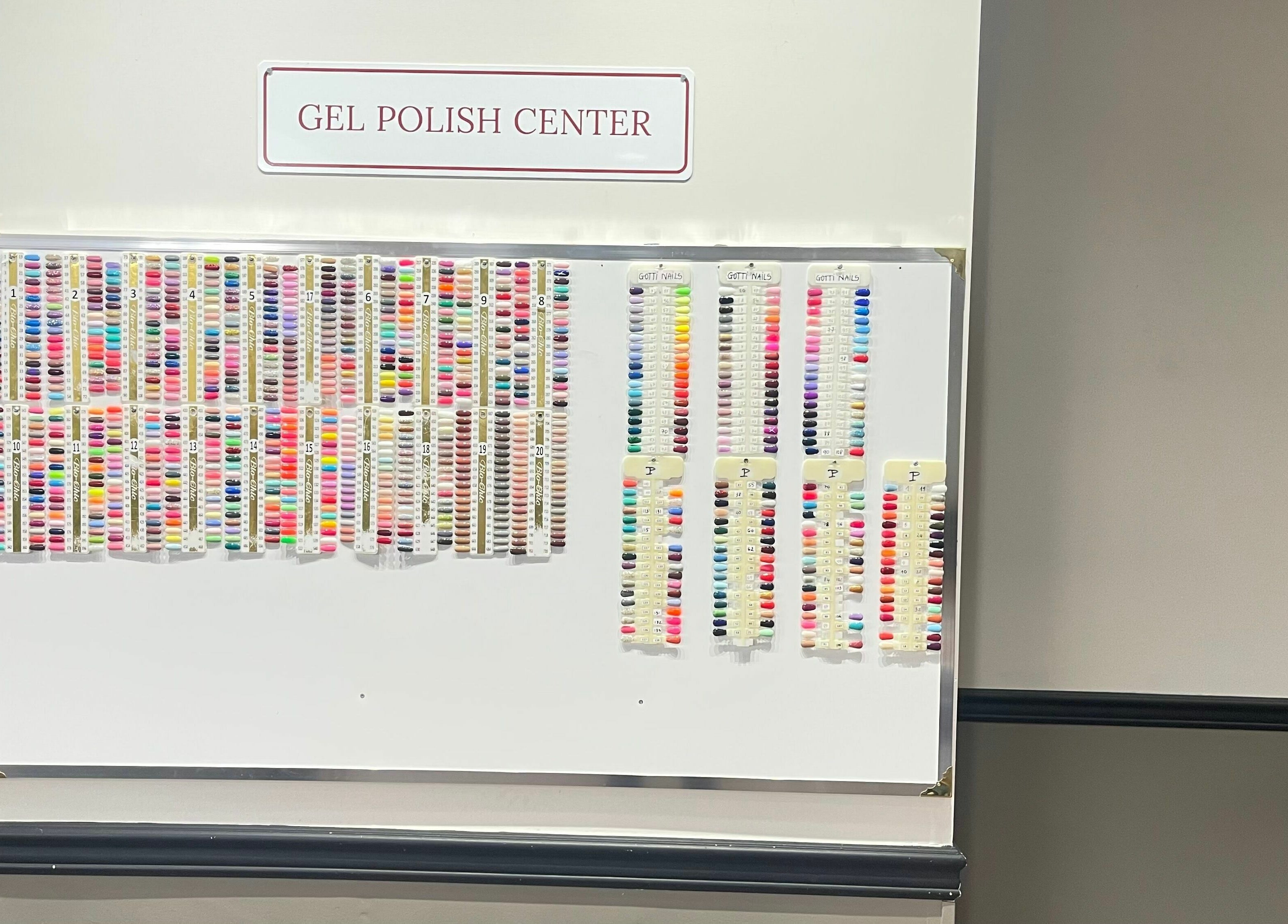 Osoyoos Nail Studio gel polish selection board in Osoyoos, British Columbia, CA showcasing vibrant nail colors.