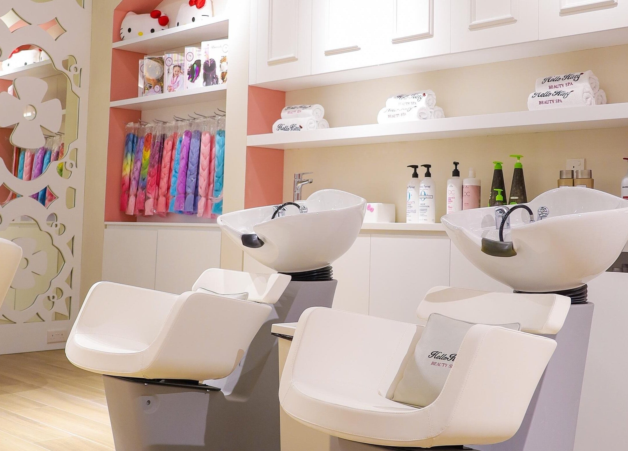 Stylish salon chairs and colorful products at Hello Kitty Beauty Spa Dubai, Dubai, Dubai, AE.