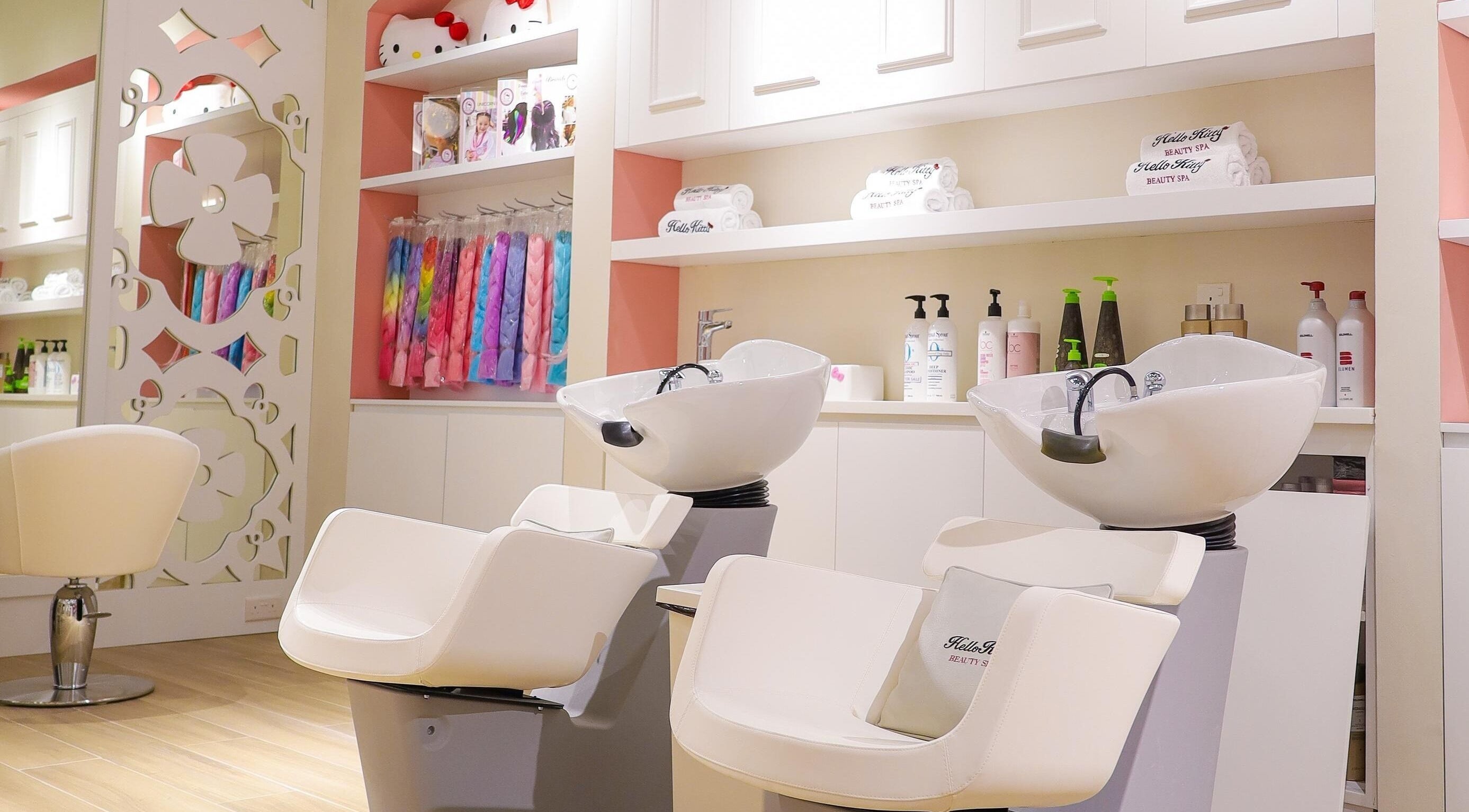 Stylish salon chairs and colorful products at Hello Kitty Beauty Spa Dubai, Dubai, Dubai, AE.