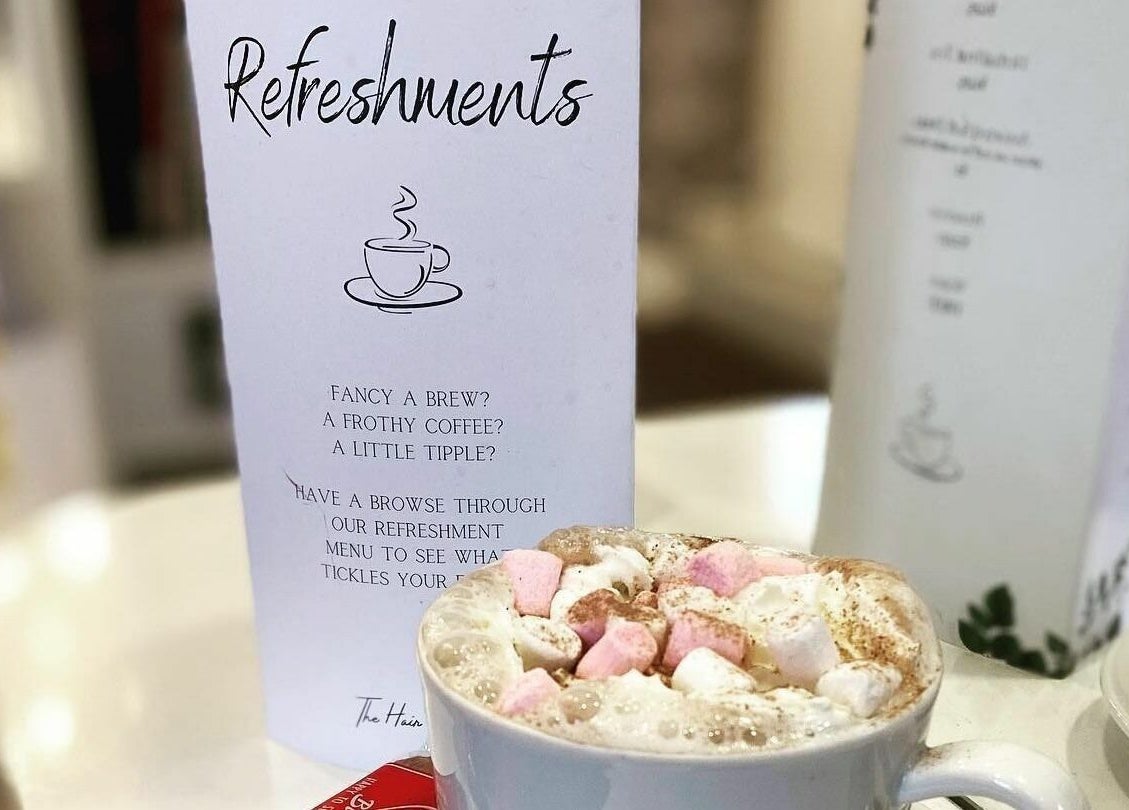 Inviting hot chocolate and refreshment menu at The Hair Company in Codsall, England, GB.