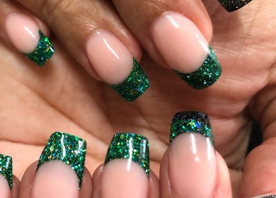 Stylish green glitter nails at Nash Nails and Skin Care Services, Barbados, Saint George, BB.