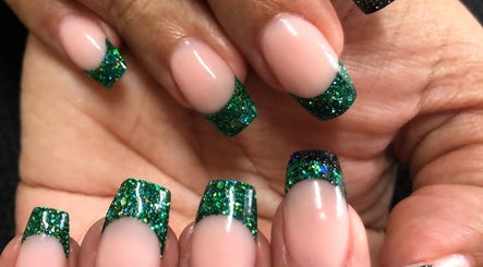 Stylish green glitter nails at Nash Nails and Skin Care Services, Barbados, Saint George, BB.