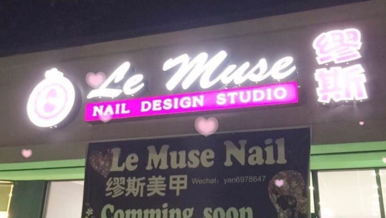 Le Muse Beauty's illuminated storefront sign in San Gabriel, California, US showcasing nail design studio.
