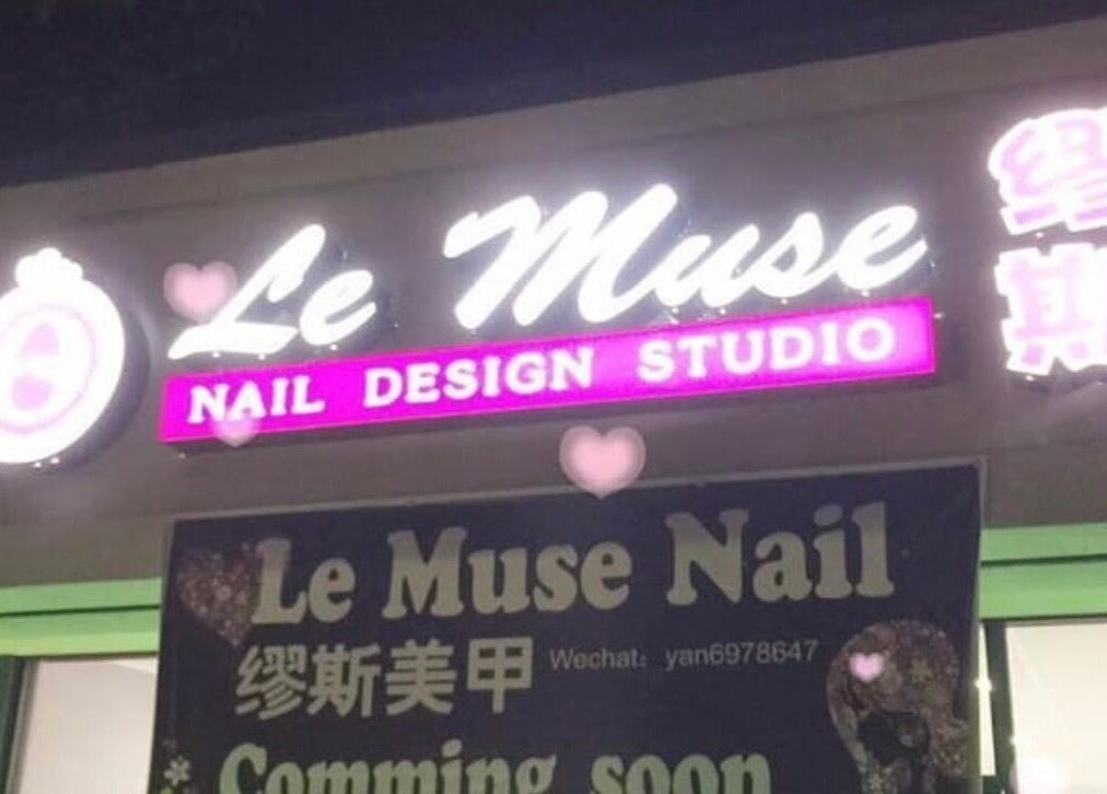 Le Muse Beauty's illuminated storefront sign in San Gabriel, California, US showcasing nail design studio.