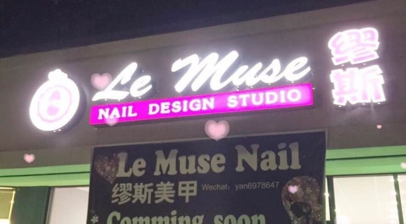 Le Muse Beauty's illuminated storefront sign in San Gabriel, California, US showcasing nail design studio.
