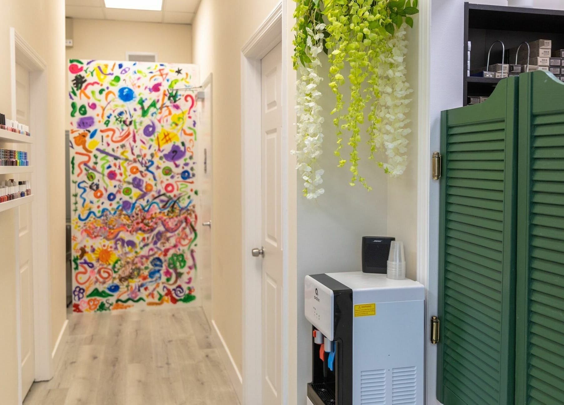 Vibrant hallway decor at Babelle Salon and Spa, Pompano Beach, Florida, US.