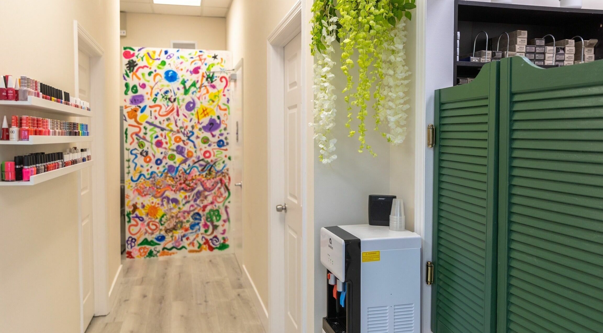 Vibrant hallway decor at Babelle Salon and Spa, Pompano Beach, Florida, US.