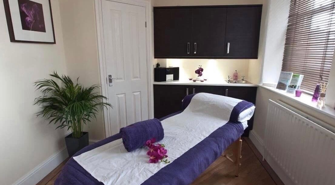 Relaxation room at Incleanse Colonic Hydrotherapy Clinic, Calverley, England, GB with a massage table.