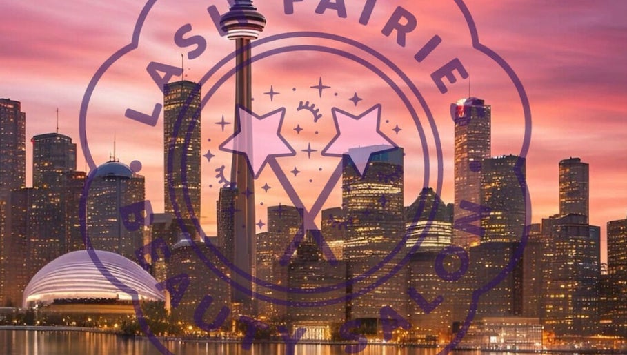 Lash Fairies Toronto logo over skyline at sunset, Toronto, Ontario, CA.