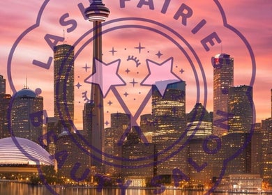 Lash Fairies Toronto logo over skyline at sunset, Toronto, Ontario, CA.