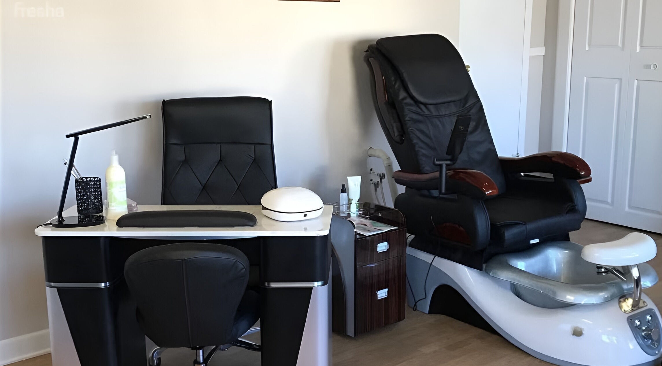 Nail and pedicure station at The Hair Studio, Menahga, Minnesota, US, offering modern beauty treatments.