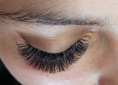 Close-up of expertly applied eyelash extensions at Lashes by Judie, Hatfield Peverel, England, GB.