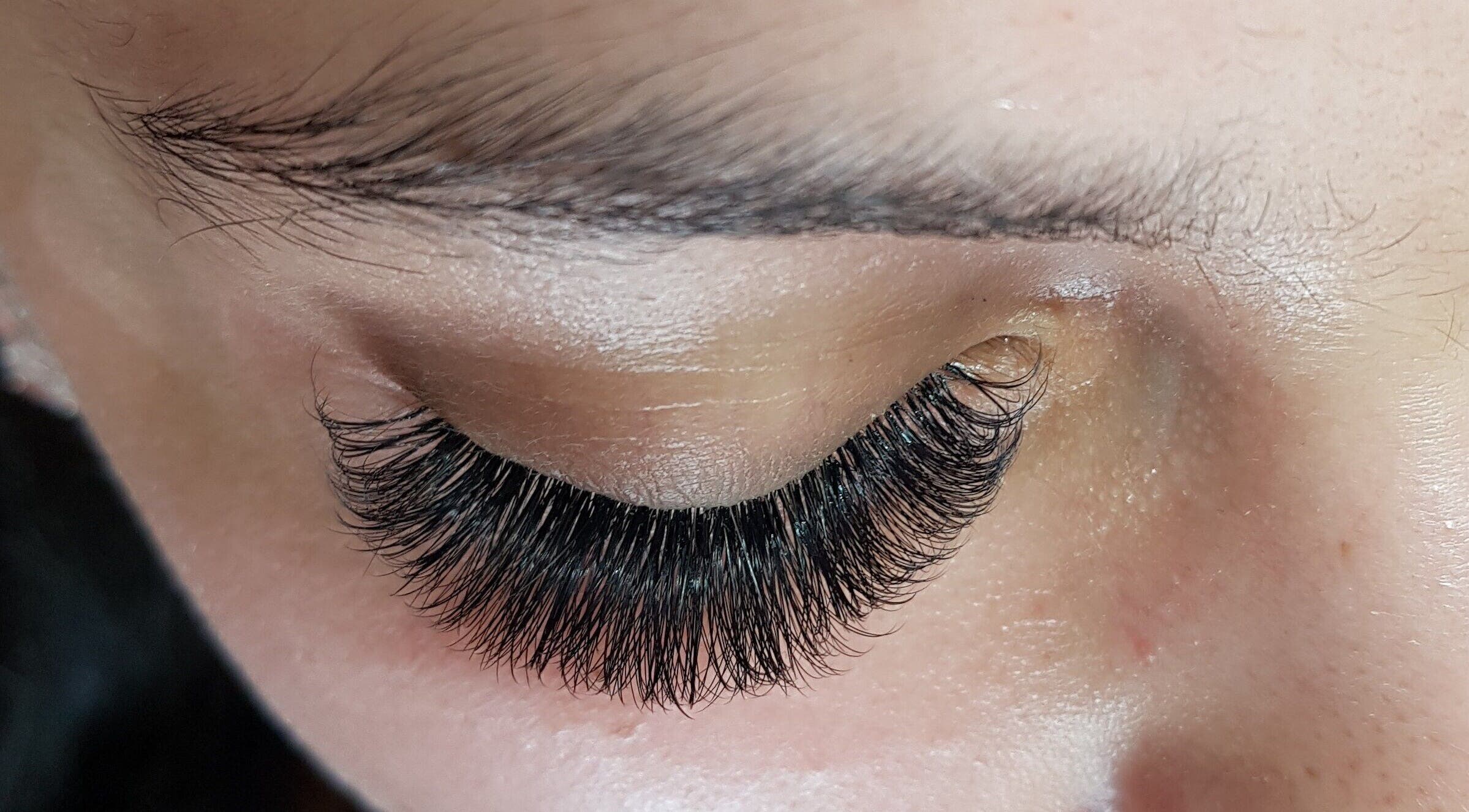 Close-up of expertly applied eyelash extensions at Lashes by Judie, Hatfield Peverel, England, GB.