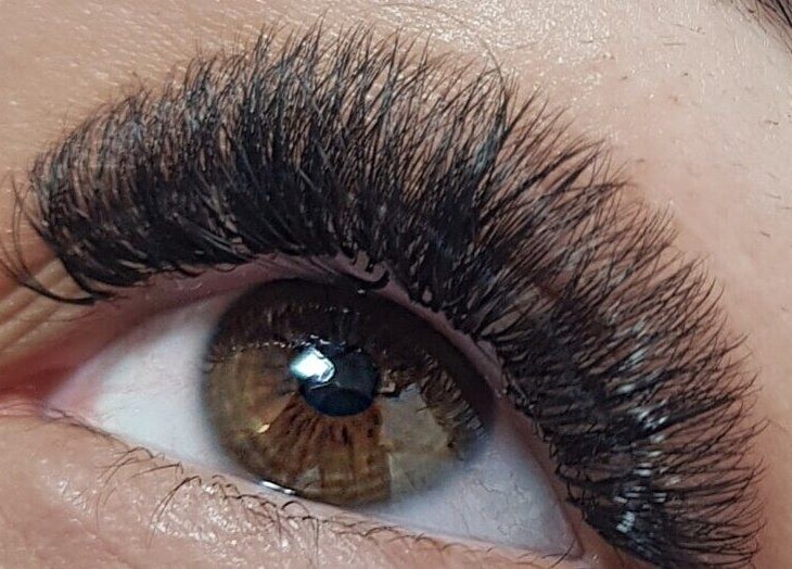 Close-up of expertly applied eyelash extensions at Lashes by Judie, Hatfield Peverel, England, GB.