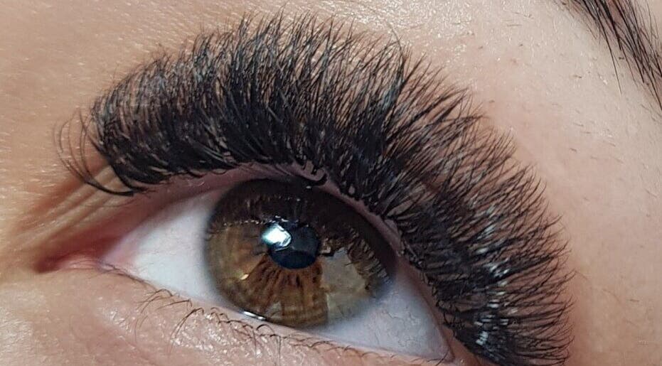 Close-up of expertly applied eyelash extensions at Lashes by Judie, Hatfield Peverel, England, GB.