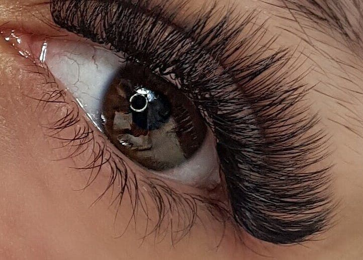 Close-up of expertly applied eyelash extensions at Lashes by Judie, Hatfield Peverel, England, GB.