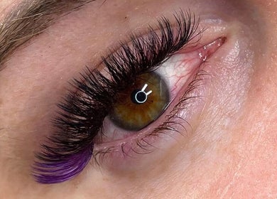 Close-up of detailed eyelash work at SKARA ARTISTRY, Melbourne, Victoria, AU with vivid color accent.