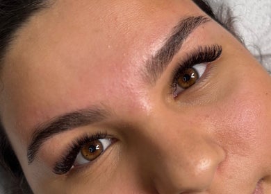 Close-up of expertly shaped eyebrows and lashes at SKARA ARTISTRY, Melbourne, Victoria, AU.