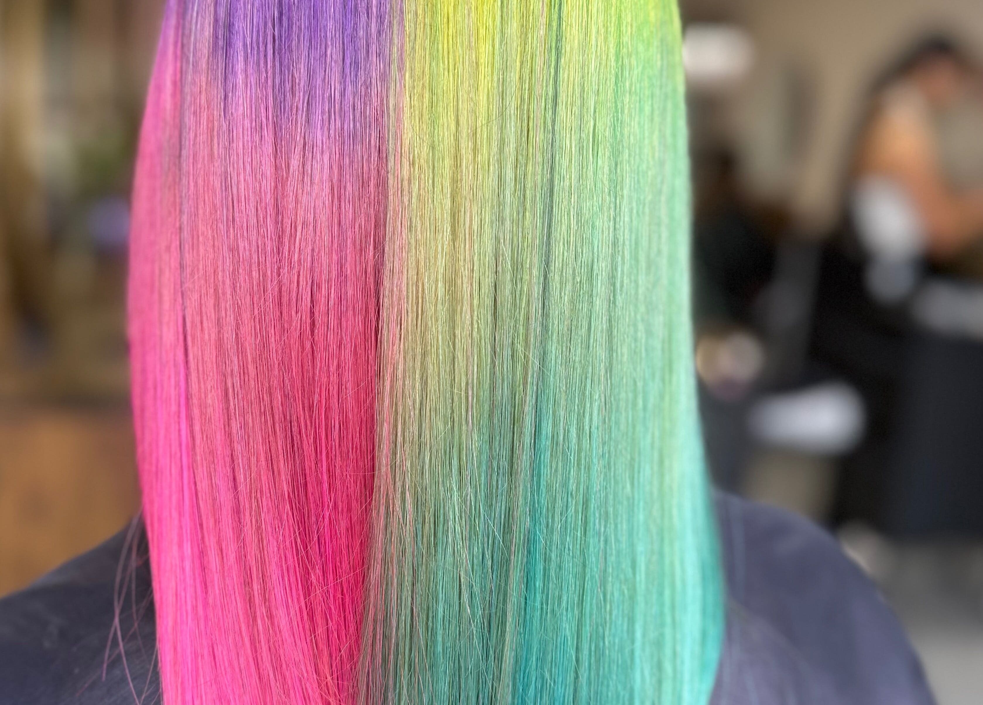 Vibrant rainbow hair coloring at Bella Beautiful, Mawson Lakes, South Australia, AU.