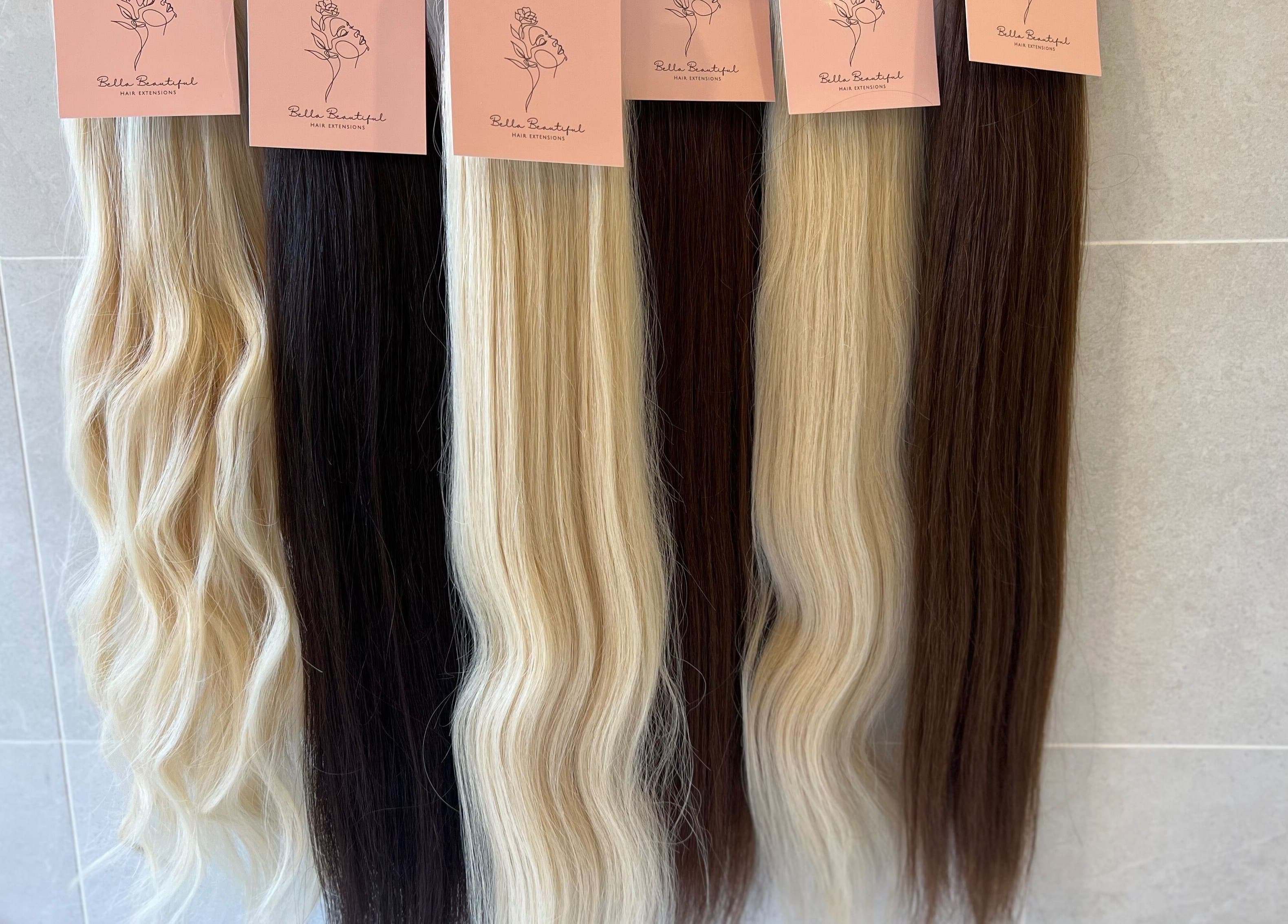 Hair extensions display at Bella Beautiful, Mawson Lakes, South Australia, AU. Diverse shades and textures.