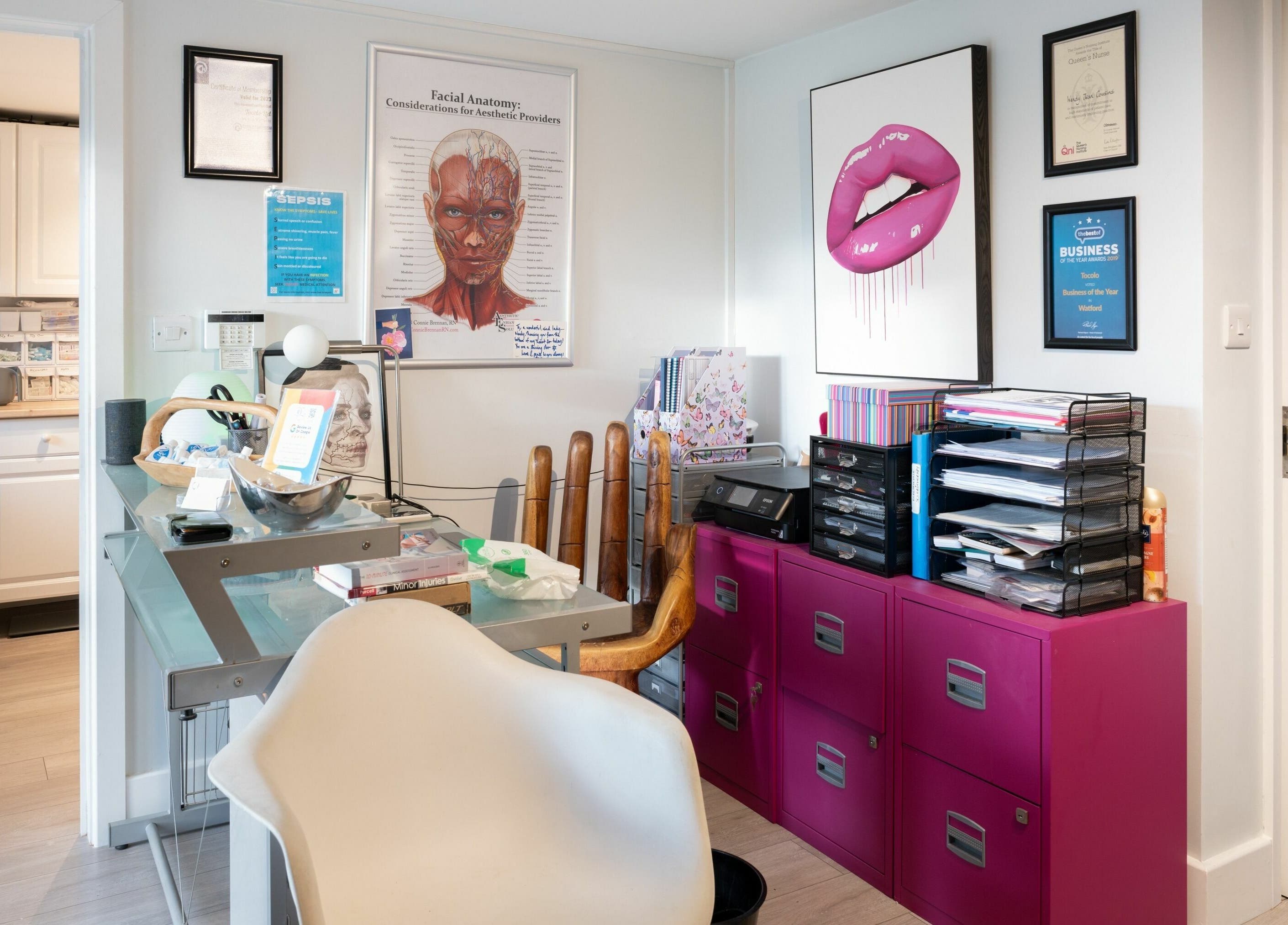 Modern consultation room at Tocolo Ltd in Abbots Langley, England, GB, showcasing vibrant decor and artwork.